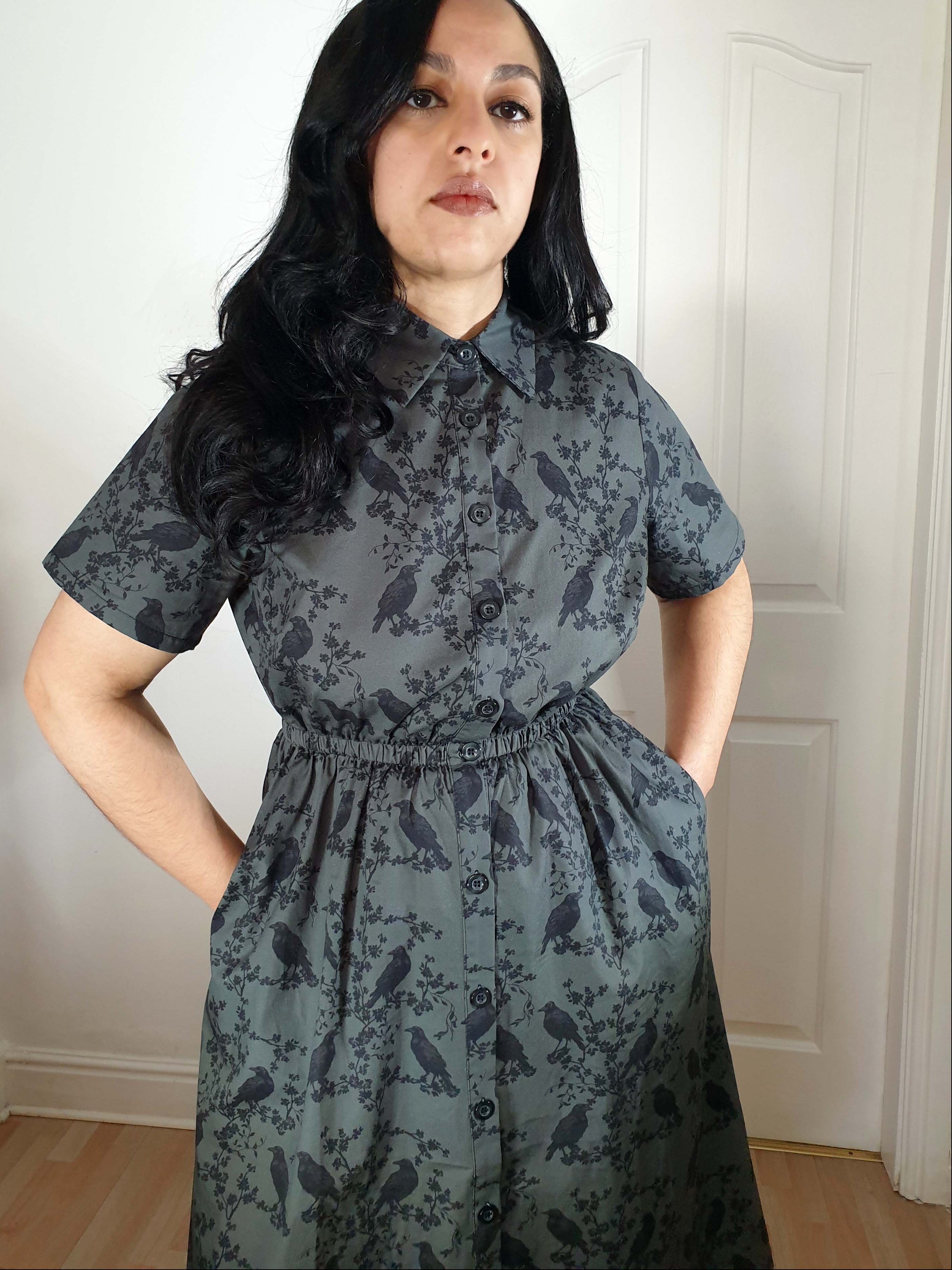 MIDI SHIRTDRESS (Grey Ravens & Blossoms print) THEBLACKWARDROBE.COM MIDI SHIRTDRESS (Grey Ravens & Blossoms print) THEBLACKWARDROBE.COM