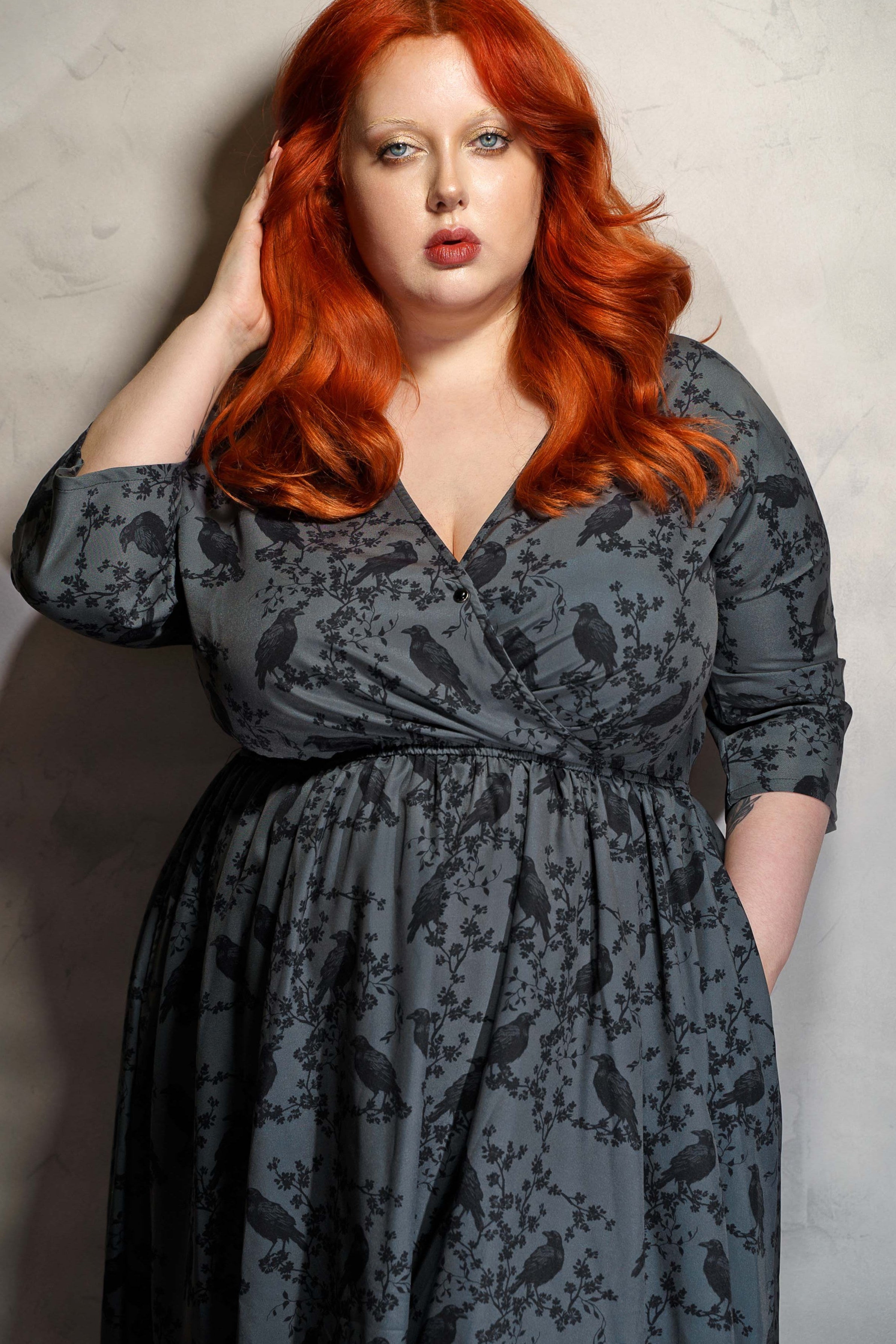 WRAP-FRONT MIDI DRESS (Grey Ravens & Blossoms) THEBLACKWARDROBE.COM WRAP-FRONT MIDI DRESS (Grey Ravens & Blossoms) THEBLACKWARDROBE.COM