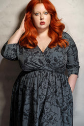 WRAP-FRONT MIDI DRESS (Ravens & Blossoms)