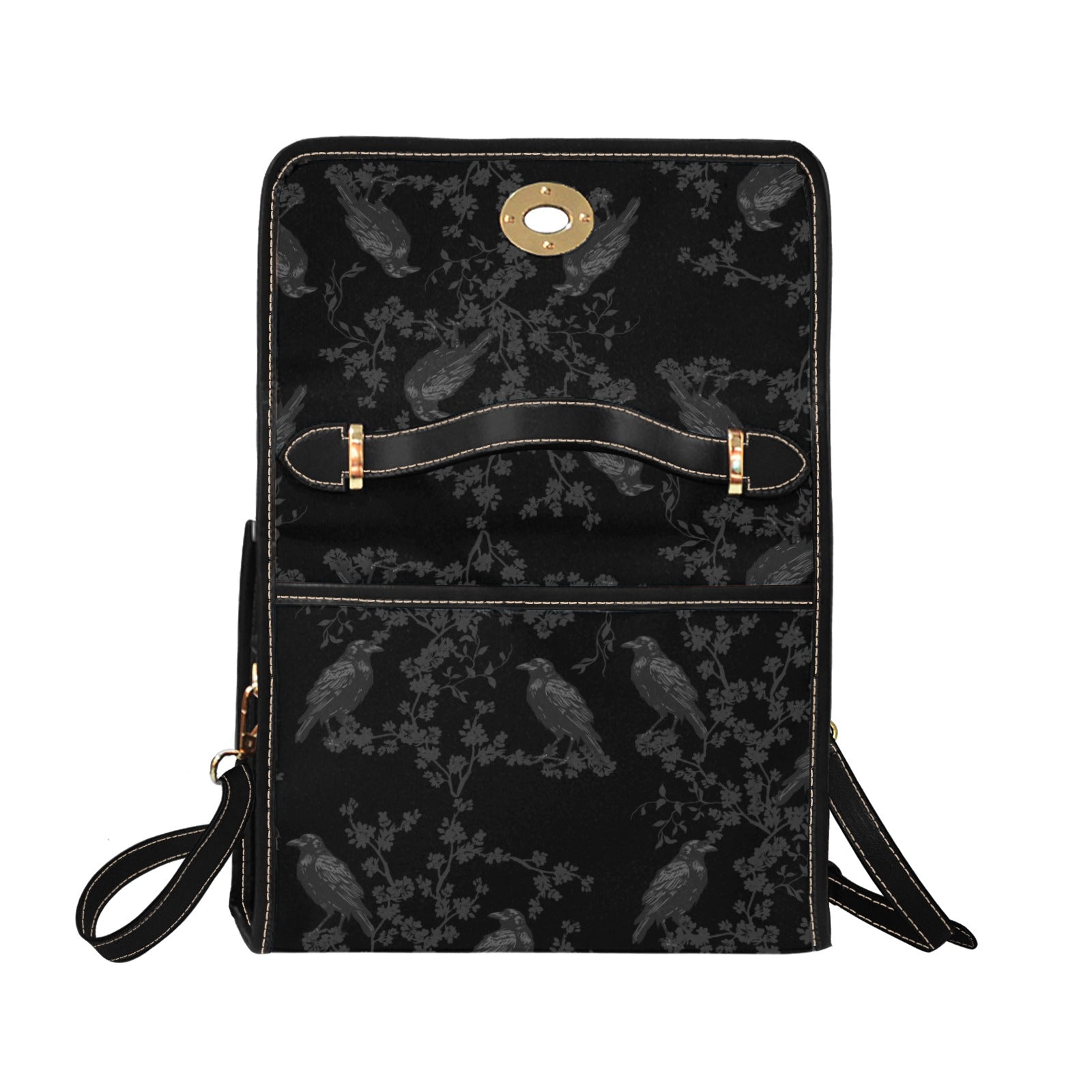 BLACK CROSSBODY FLAP BAG (Ravens/Blossoms print)