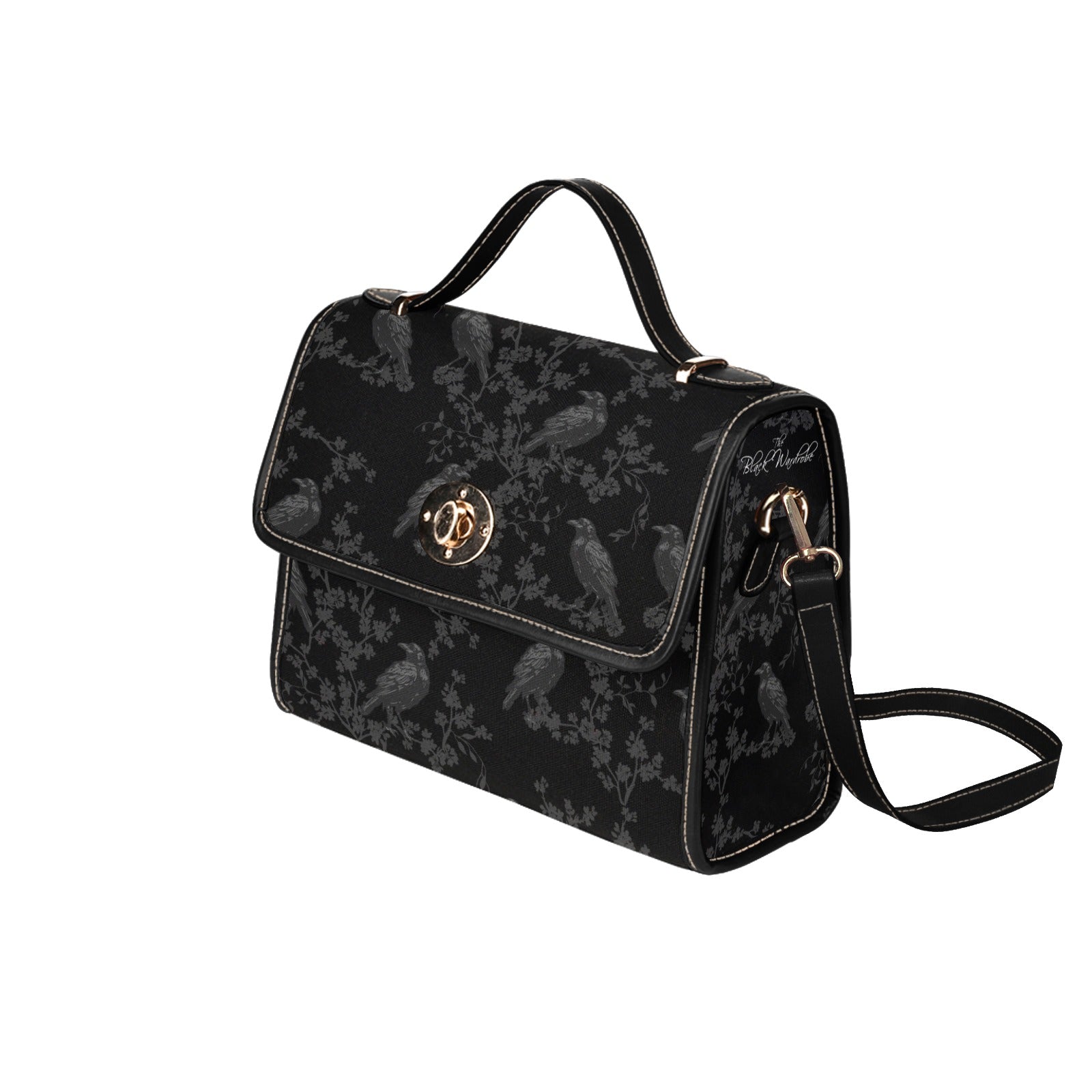 BLACK CROSSBODY FLAP BAG (Ravens/Blossoms print)