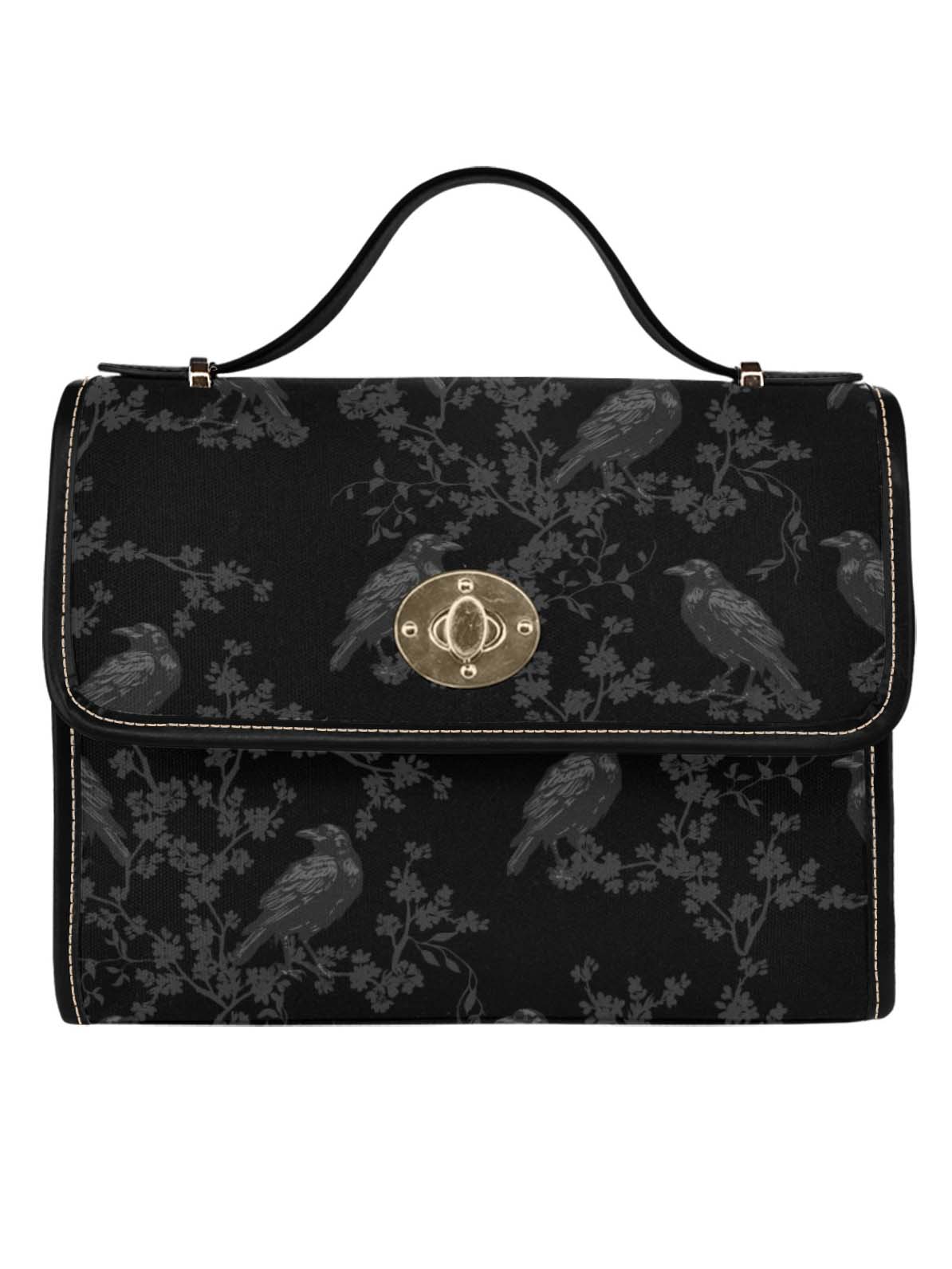 BLACK CROSSBODY FLAP BAG (Ravens/Blossoms print)