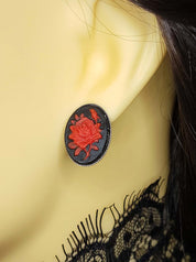 SMALL ROSE CAMEO STUD EARRINGS (RED) | THEBLACKWARDROBE.COM.
