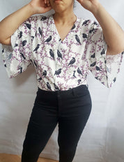 V-NECK SHIRT WITH FLOATY SLEEVES (Ravens & blossoms print)