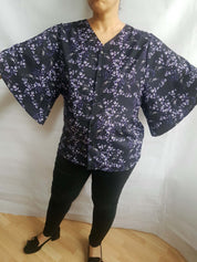 V-NECK SHIRT WITH FLOATY SLEEVES (Ravens & blossoms print)