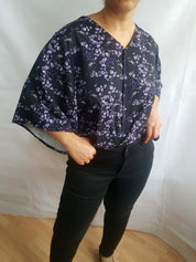 V-NECK SHIRT WITH FLOATY SLEEVES (Ravens & blossoms print)