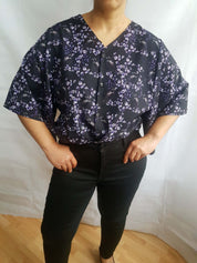 V-NECK SHIRT WITH FLOATY SLEEVES (Ravens & blossoms print)
