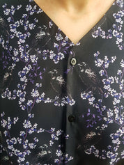 V-NECK SHIRT WITH FLOATY SLEEVES (Ravens & blossoms print)