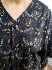 V-NECK SHIRT WITH FLOATY SLEEVES (Autumn Flying Bats print)