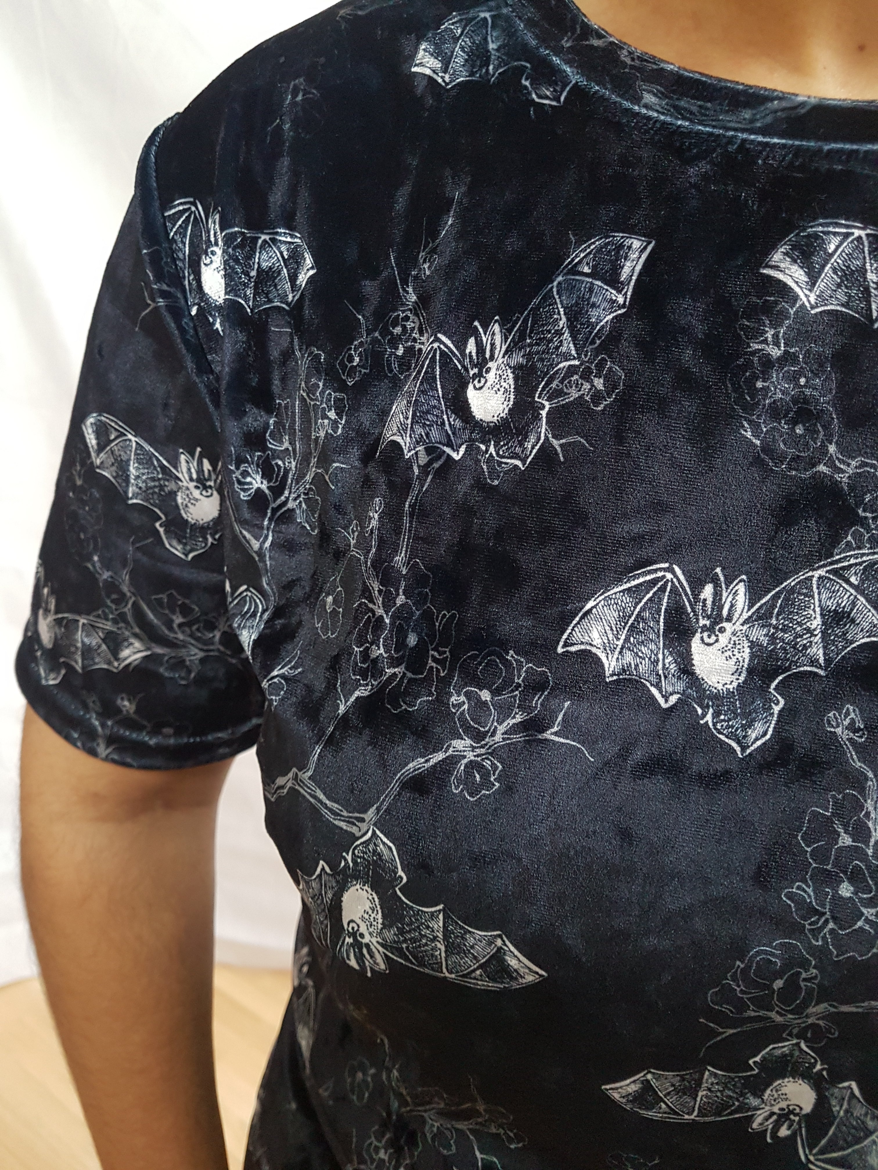 VELVET T-SHIRT (Midnight Bats & Blossoms print)