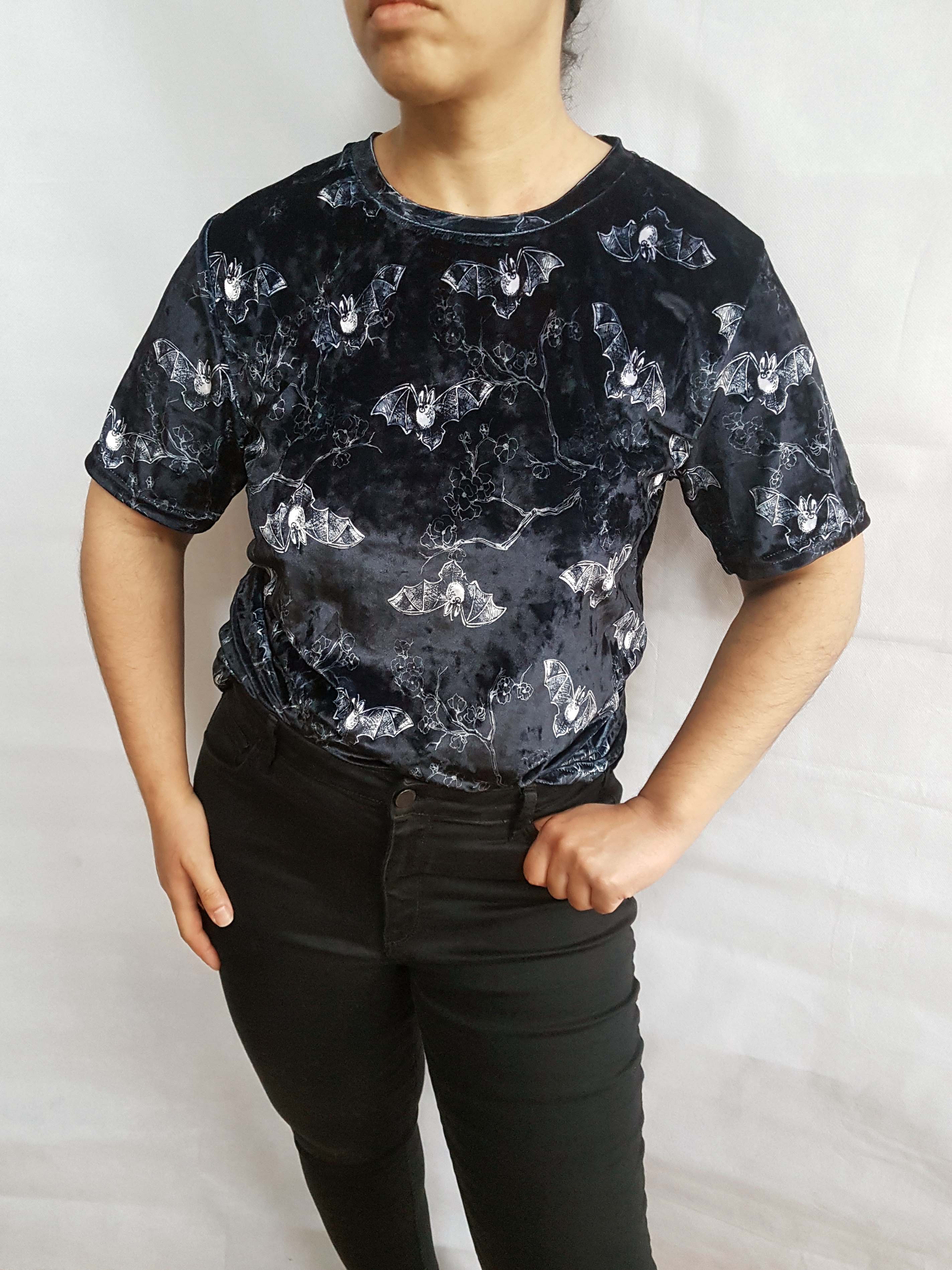 VELVET T-SHIRT (Midnight Bats & Blossoms print)