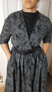 WRAP-FRONT MIDI DRESS (Grey Ravens & Blossoms)