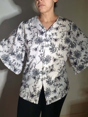 V-NECK SHIRT WITH FLOATY SLEEVES (Botanical Bats print)