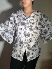 V-NECK SHIRT WITH FLOATY SLEEVES (Botanical Bats print)