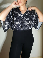 V-NECK SHIRT WITH FLOATY SLEEVES (Botanical Bats print)