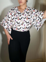 V-NECK SHIRT WITH FLOATY SLEEVES (Spring Flying Bats print)