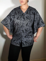 V-NECK SHIRT WITH FLOATY SLEEVES (Grey Ravens & blossoms print)