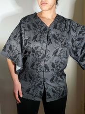 V-NECK SHIRT WITH FLOATY SLEEVES (Grey Ravens & blossoms print)