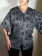 V-NECK SHIRT WITH FLOATY SLEEVES (Ravens & blossoms print)