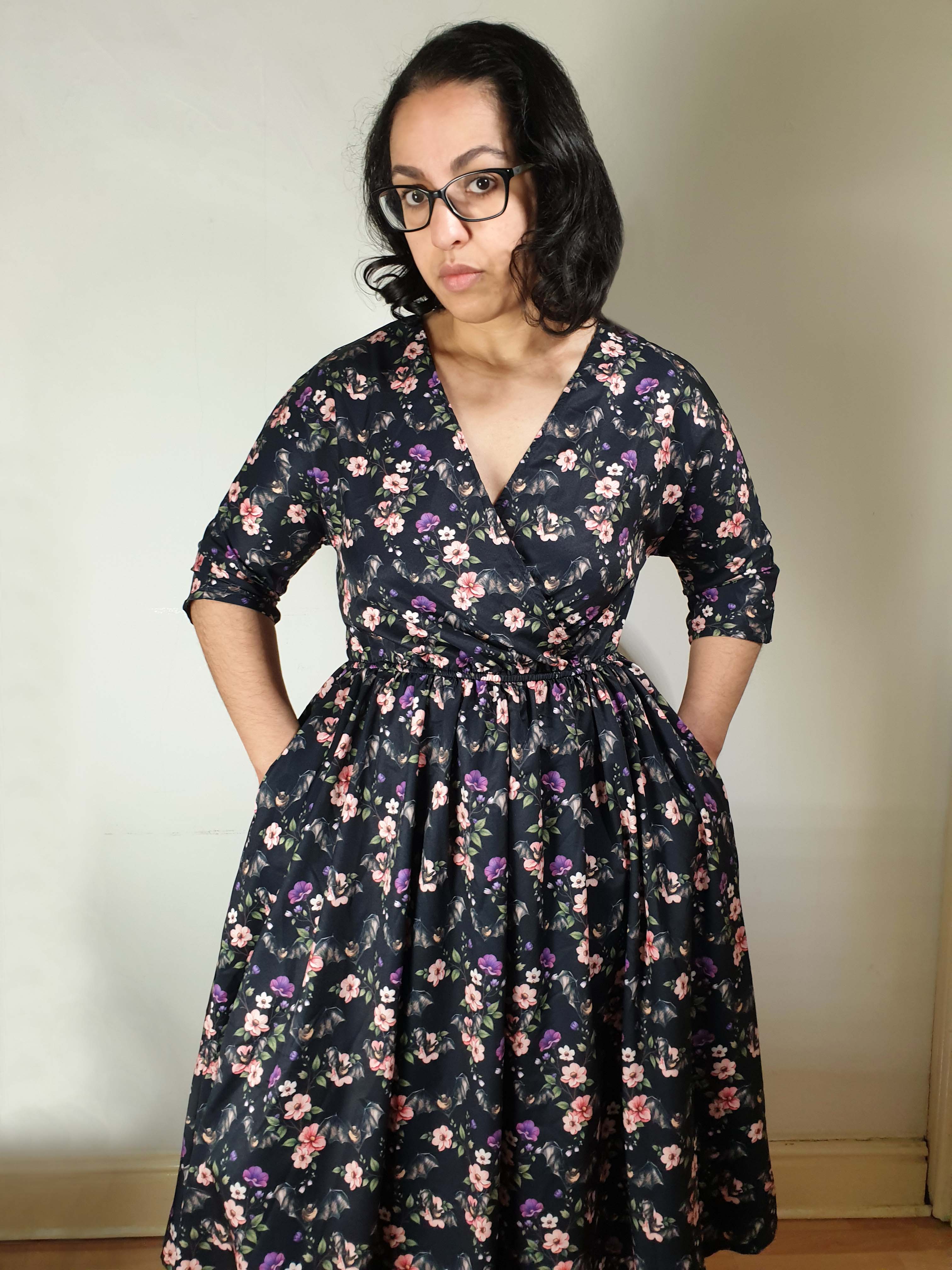 WRAP-FRONT MIDI DRESS (Spring Flying Bats print)