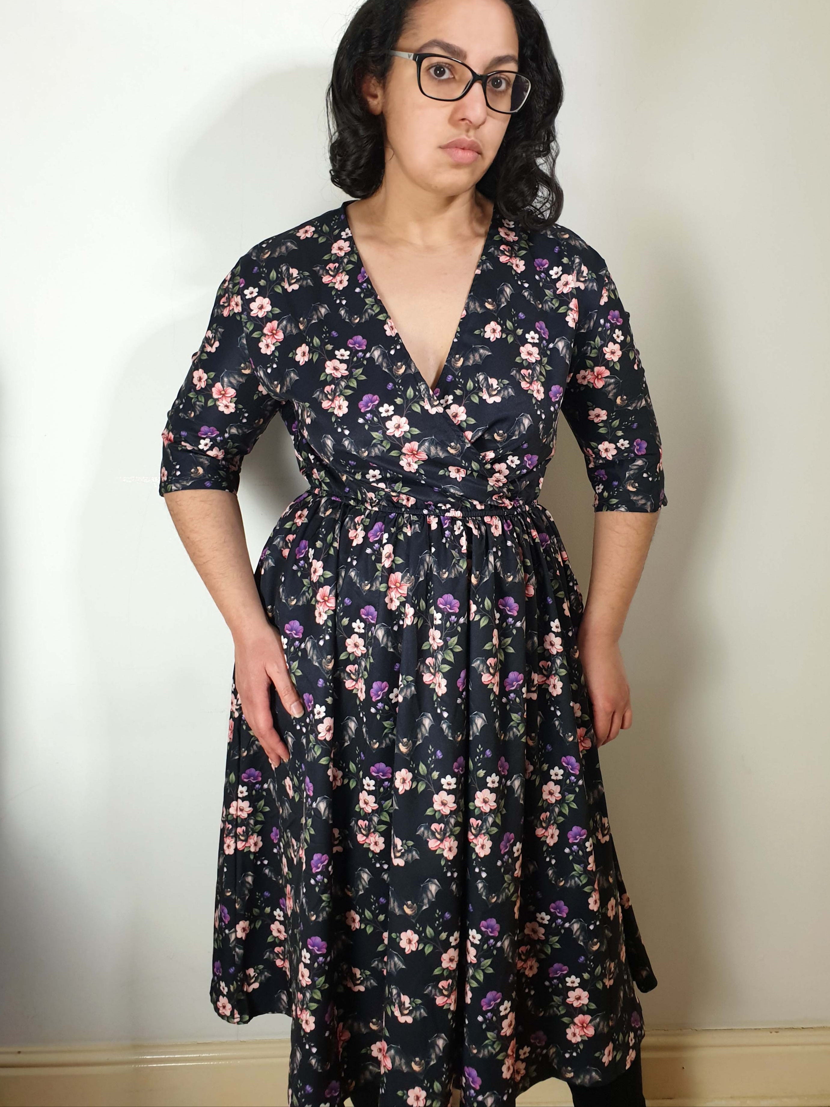 WRAP-FRONT MIDI DRESS (Spring Flying Bats print)