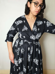 WRAP-FRONT MIDI DRESS (Vintage Floral & Skulls print)