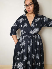 WRAP-FRONT MIDI DRESS (Vintage Floral & Skulls print)