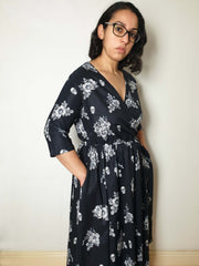 WRAP-FRONT MIDI DRESS (Vintage Floral & Skulls print)