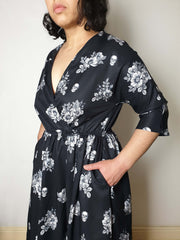 WRAP-FRONT MIDI DRESS (Vintage Floral & Skulls print)
