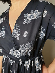 WRAP-FRONT MIDI DRESS (Vintage Floral & Skulls print)