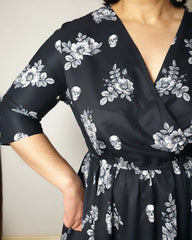 WRAP-FRONT MIDI DRESS (Vintage Floral & Skulls print)