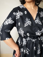WRAP-FRONT MIDI DRESS (Vintage Floral & Skulls print)