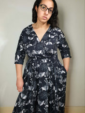WRAP-FRONT MIDI DRESS (Botanical Bats print)