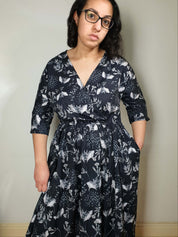 WRAP-FRONT MIDI DRESS (Botanical Bats print)
