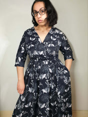 WRAP-FRONT MIDI DRESS (Botanical Bats print)