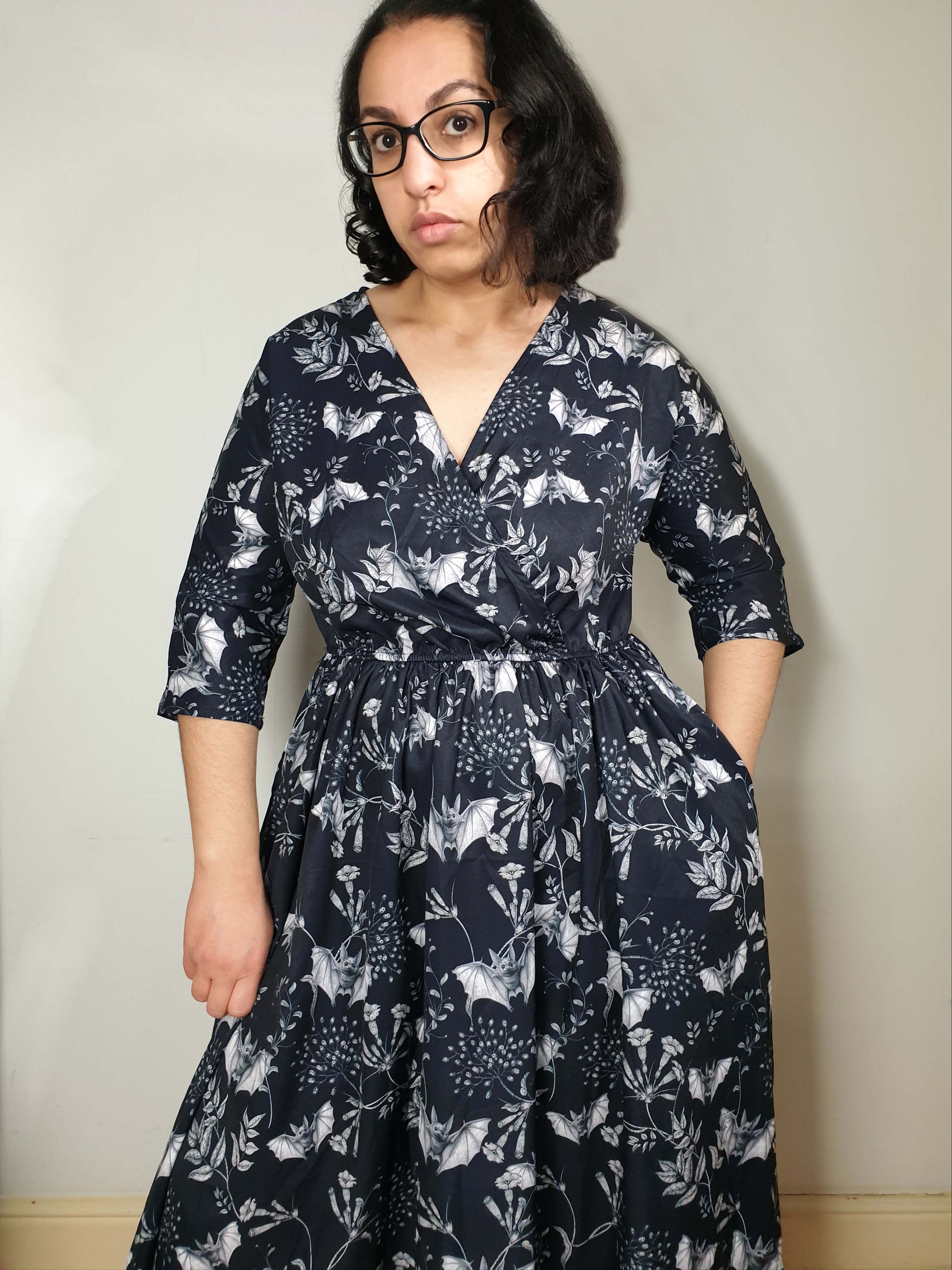 WRAP-FRONT MIDI DRESS (Botanical Bats print)
