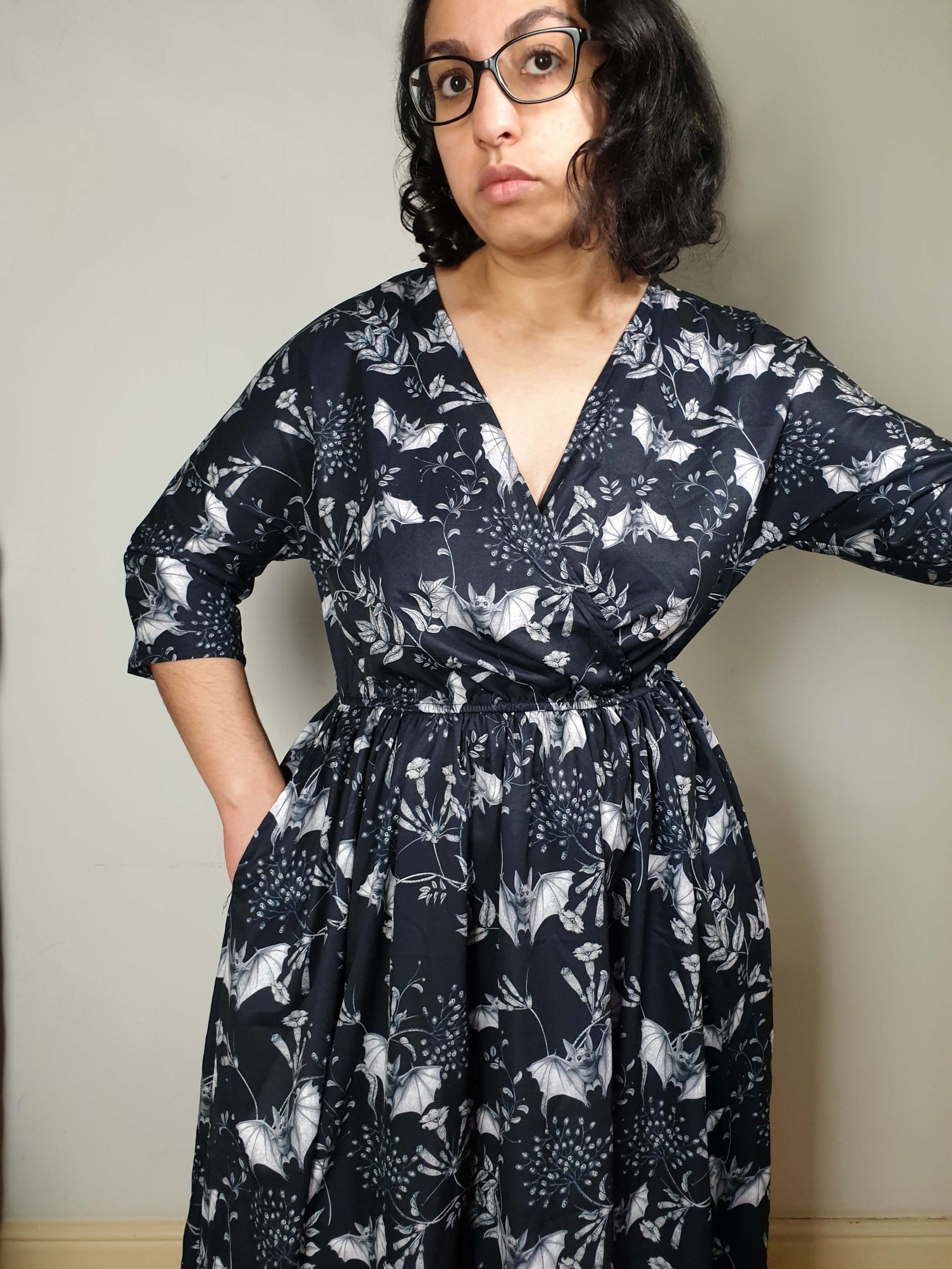 WRAP-FRONT MIDI DRESS (Botanical Bats print)