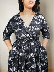 WRAP-FRONT MIDI DRESS (Botanical Bats print)