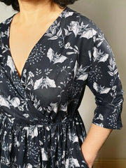WRAP-FRONT MIDI DRESS (Botanical Bats print)