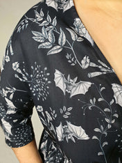 WRAP-FRONT MIDI DRESS (Botanical Bats print)