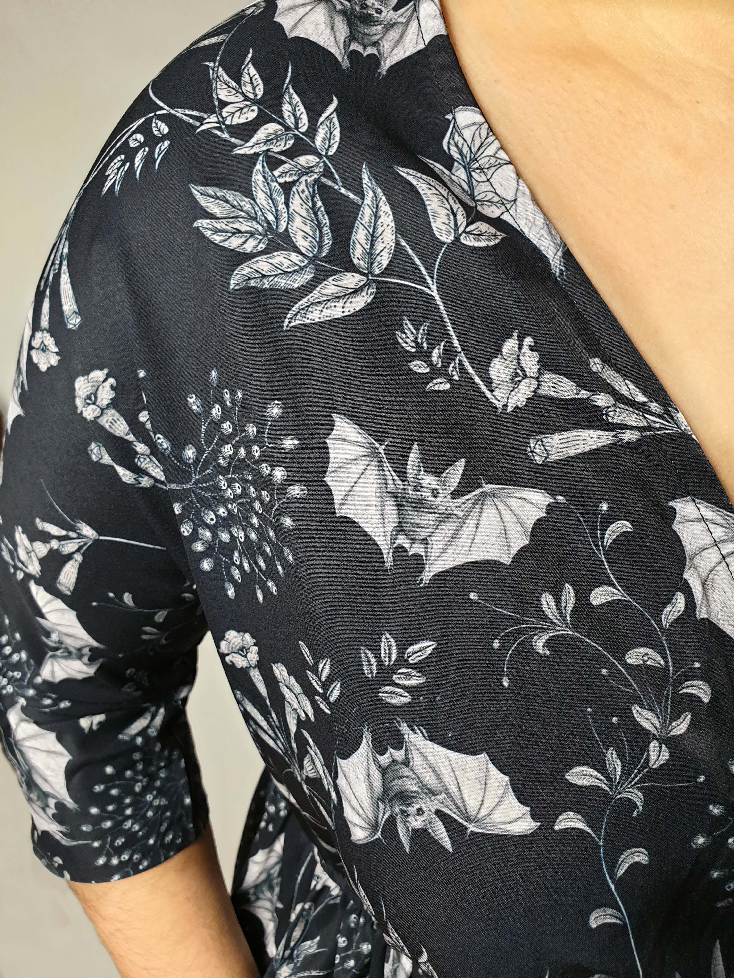 WRAP-FRONT MIDI DRESS (Botanical Bats print)