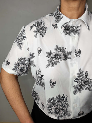 SHORT-SLEEVE COLLARED SHIRT (Vintage Floral & Skulls print)