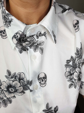 SHORT-SLEEVE COLLARED SHIRT (Vintage Floral & Skulls print)