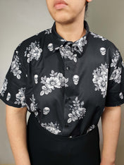 SHORT-SLEEVE COLLARED SHIRT (Vintage Floral & Skulls print)