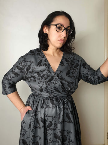 WRAP-FRONT MIDI DRESS (Ravens & Blossoms)