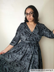 WRAP-FRONT MIDI DRESS (Grey Ravens & Blossoms)