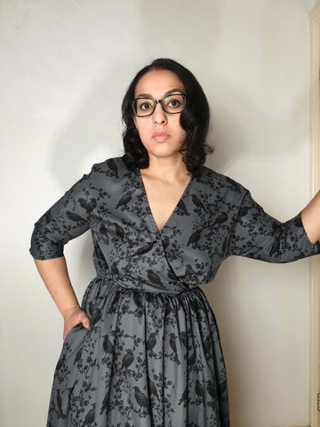 WRAP-FRONT MIDI DRESS (Ravens & Blossoms)