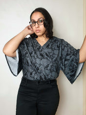 V-NECK SHIRT WITH FLOATY SLEEVES (Grey Ravens & blossoms print)