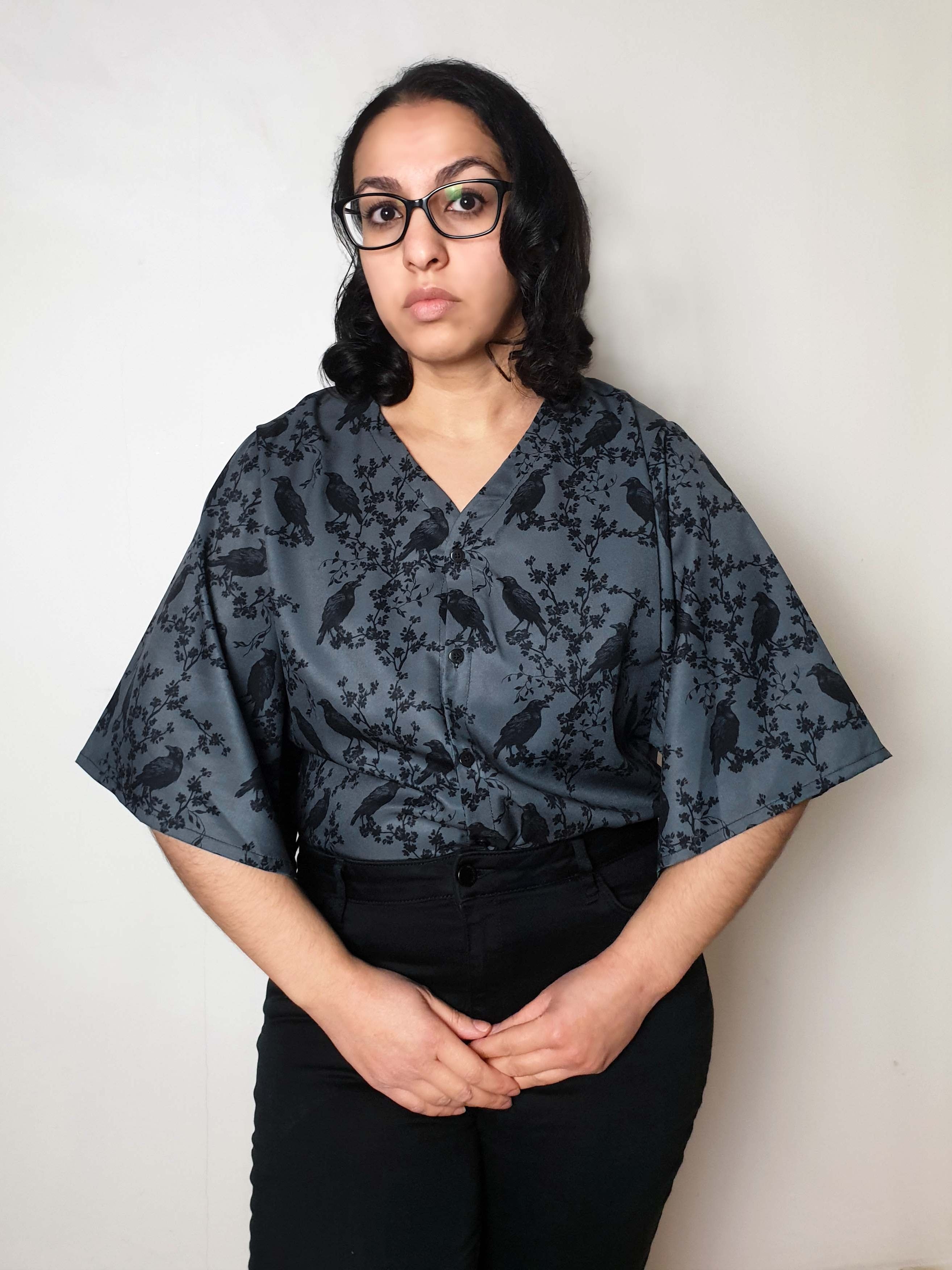 V-NECK SHIRT WITH FLOATY SLEEVES (Ravens & blossoms print)