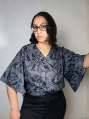 V-NECK SHIRT WITH FLOATY SLEEVES (Ravens & blossoms print)